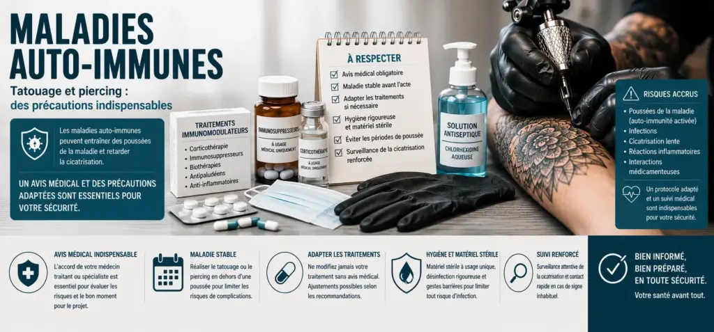 Illustration représentant des traitements immunomodulateurs, du matériel de tatouage stérile et une séance de tatouage pour illustrer les précautions à prendre chez une personne atteinte d'une maladie auto-immune avant un tatouage ou un piercing.