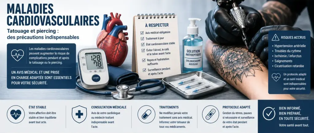 Illustration représentant un cœur anatomique, un tensiomètre, un stéthoscope et du matériel de tatouage stérile pour illustrer les précautions à prendre chez une personne atteinte d'une maladie cardiovasculaire avant un tatouage ou un piercing.