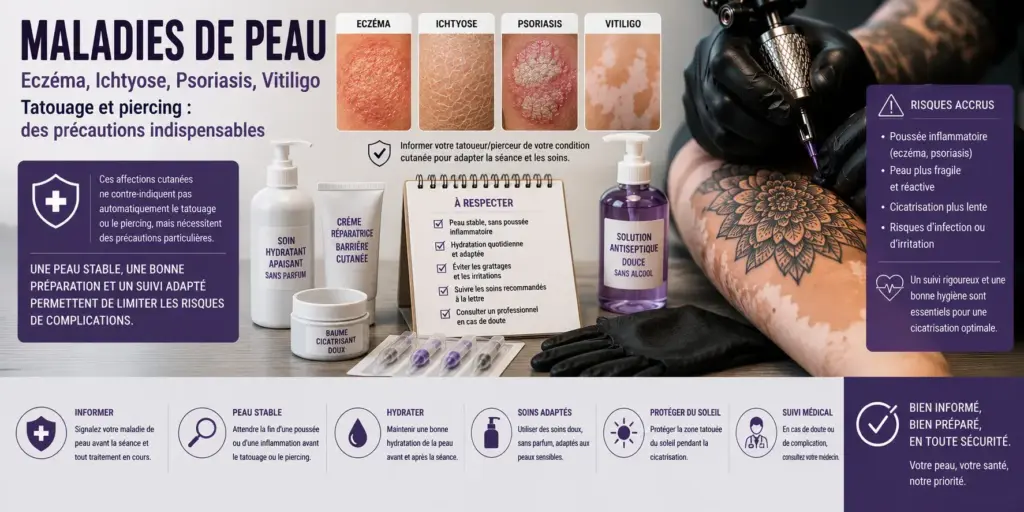 Illustration représentant les principales maladies de peau (eczéma, ichtyose, psoriasis et vitiligo), des soins dermatologiques, du matériel de tatouage stérile et une séance de tatouage afin d'illustrer les précautions à prendre avant un tatouage ou un piercing.