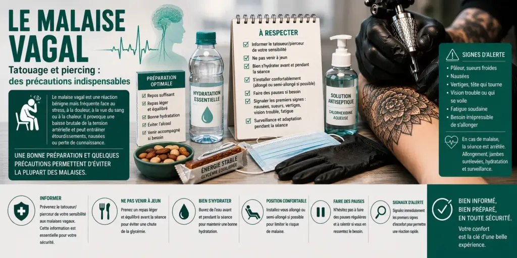 Illustration représentant les principales mesures de prévention du malaise vagal avant un tatouage ou un piercing avec de l'eau, une collation, du matériel de tatouage stérile et une séance de tatouage.