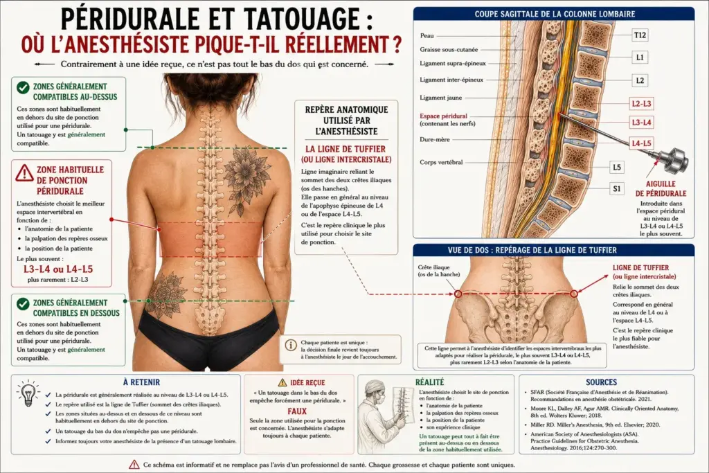Infographie anatomique expliquant la zone habituellement utilisée pour une péridurale et son rapport avec un tatouage lombaire.