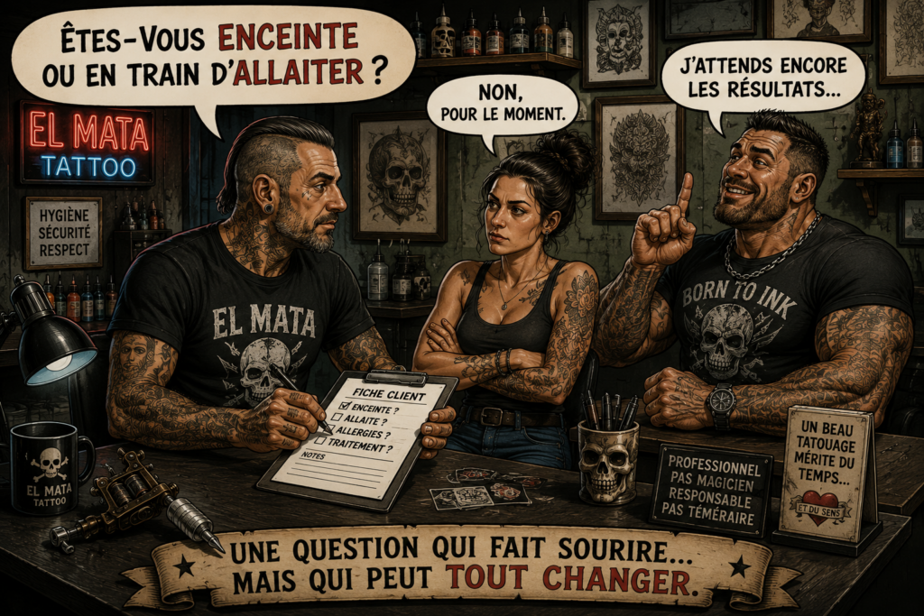 Illustration humoristique montrant un tatoueur demandant à ses clients s'ils sont enceints ou en train d'allaiter avant un tatouage ou un piercing.