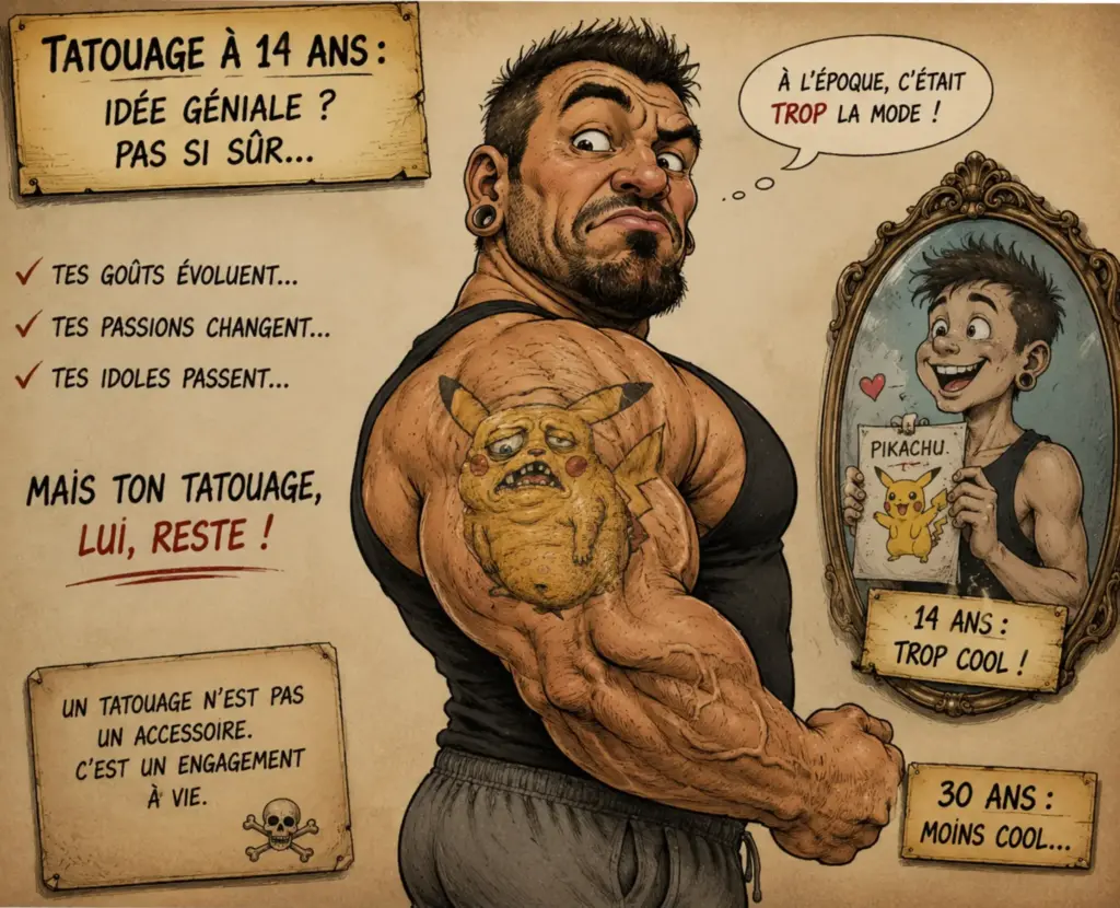 Tatouage des mineurs : illustration caricaturale montrant un tatouage enfantin déformé par l'évolution du corps et des goûts à l'âge adulte