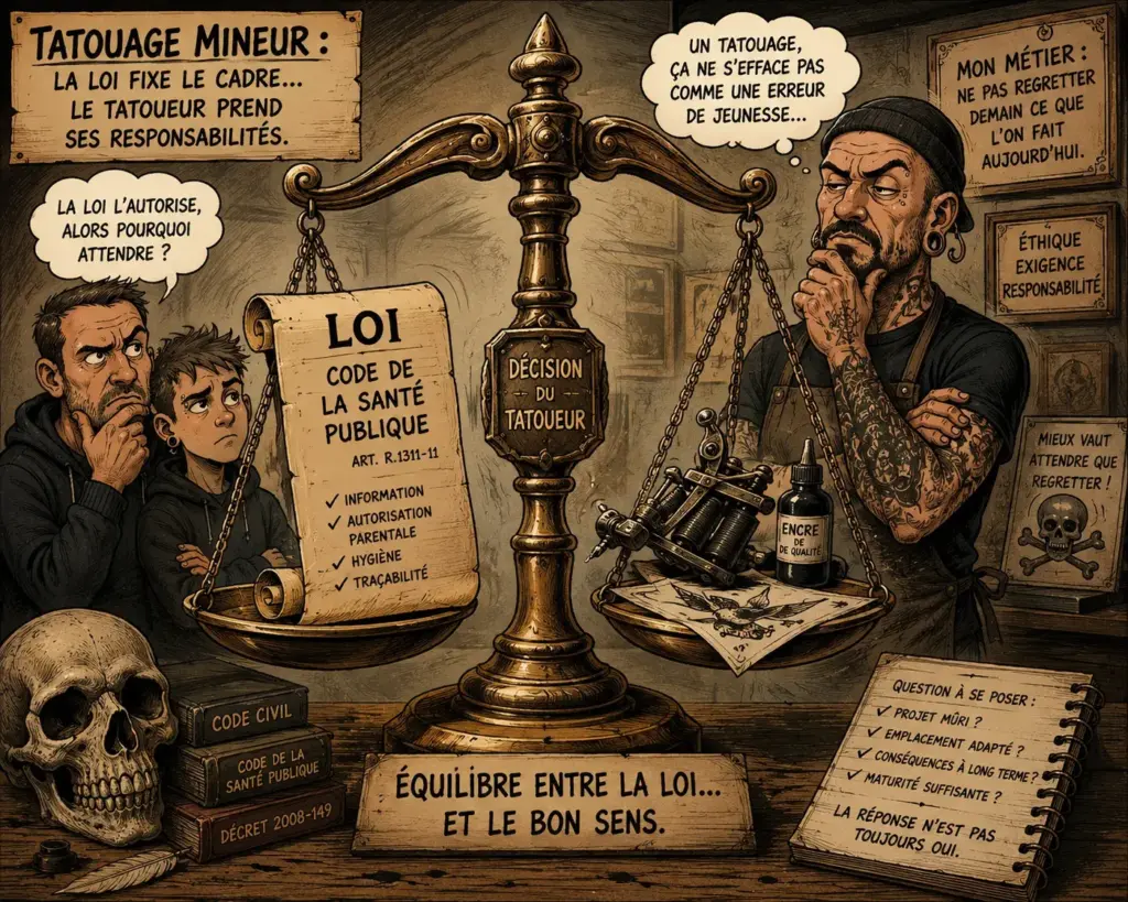 Tatouage des mineurs: illustration satirique montrant l'équilibre entre la loi, l'autorisation parentale et la responsabilité du tatoueur