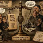 Tatouage des mineurs: illustration satirique montrant l'équilibre entre la loi, l'autorisation parentale et la responsabilité du tatoueur