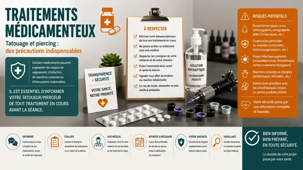 Illustration représentant des médicaments, une machine à tatouer, du matériel stérile et une liste de recommandations pour illustrer les précautions à prendre avant un tatouage ou un piercing lorsqu'un traitement médicamenteux est en cours.