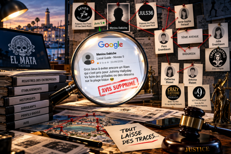 Avis Google supprimé contre El Mata Tattoo : enquête dans le milieu du tatouage au Grau-du-Roi 1 Enquête sur un avis Google supprimé concernant El Mata Tattoo au Grau-du-Roi