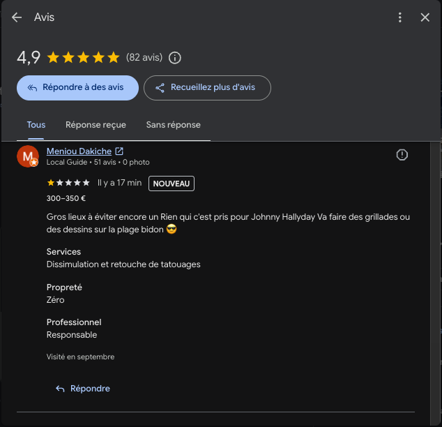 Capture d'écran d'un avis Google 1 étoile publié par Meniou Dakiche sur El Mata Tattoo
