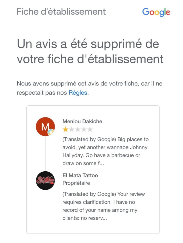 Google confirme la suppression d'un avis de la fiche El Mata Tattoo